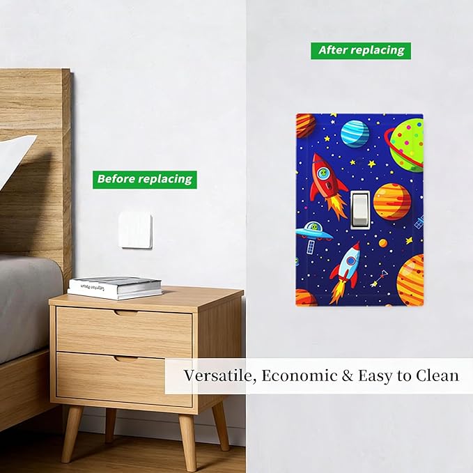 Planets Rockets & Aliens 1-Gang Toggle Light Switch Plate, Cosmic Space Decorative Wall Plate for Boys Bedroom