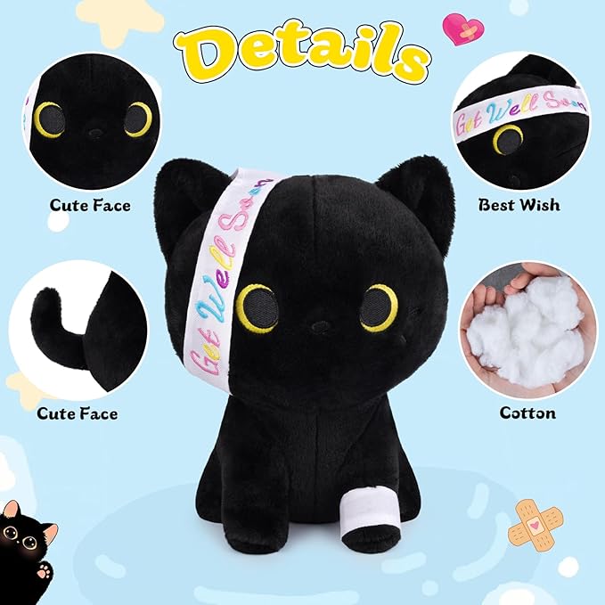 Get Well Gifts for Women Kids, 8 Inch Black Cat Plush Get Well Soon Stuffed Animals, Kawaii Cat Plushies Get Well Gifts for Kids Women After Surgery Feel Better Gift