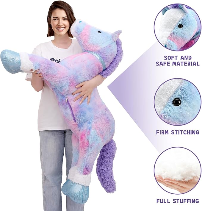 Tezituor 4ft Giant Horse Stuffed Animals, 47inches Lifesize Stuffed Pony Plush Toy, Hugging Soft Blue Horse Body Pillow Gift for Adult Kids