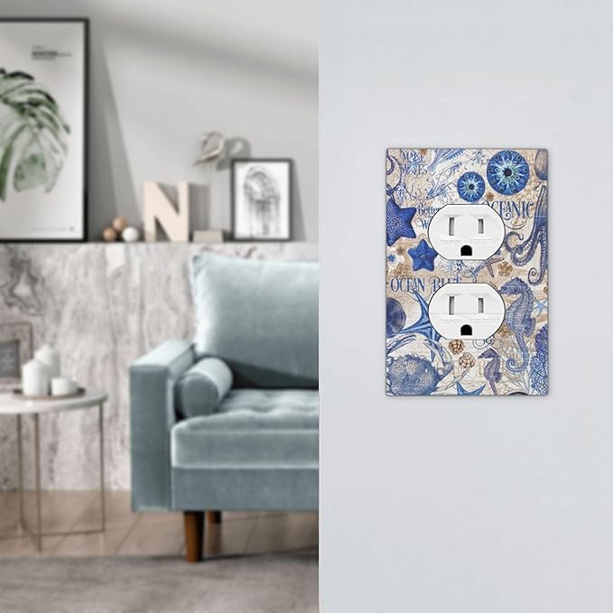 Outlet Covers Vintage Sea Blue Seahorse Starfish Octopus 1 Gang Duplex Light Switch Cover Decorative Switch Plates Electrical Receptacle Faceplate Wall Plate For Kids Room Home Decor