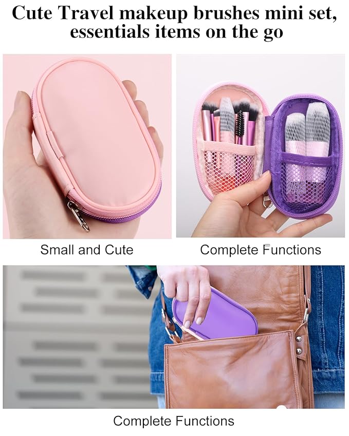 PGRODE Mini Travel Makeup Brushes Set, 14 Pieces, Portable Full Complete Function Cosmetic Kit with Brush Pouch, On the Go Short Makeup Brush Small Travel Essentials for Kids, Women, Girls (Colorful)