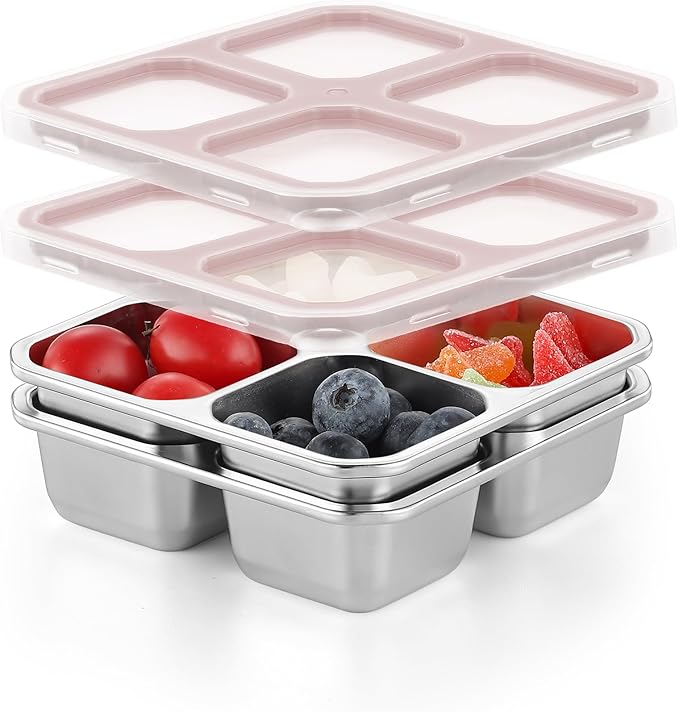 BEFOY 4 Pack Stainless Steel Snack Containers with Lids 4 Compartment Food Storage Containers for Adults & Kids Meal Prep Containers Reusablele (PINK, 2)