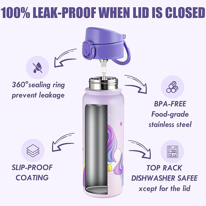 OLDLEY 20 Oz Insulated Stainless Steel Water Bottle For Kids, With Straws Leak-proof, Kids Water Bottles For School Boys Girls,Magic Unicorns