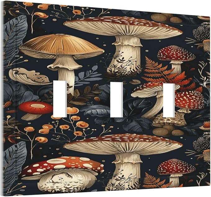 Decorative Light Switch Cover Plate Vintage Mushroom Floral 3 Gang Wall Plate Triple Toggle Switch Plate Covers Electrical Outlet Cover for Bedroom Kids room Decor