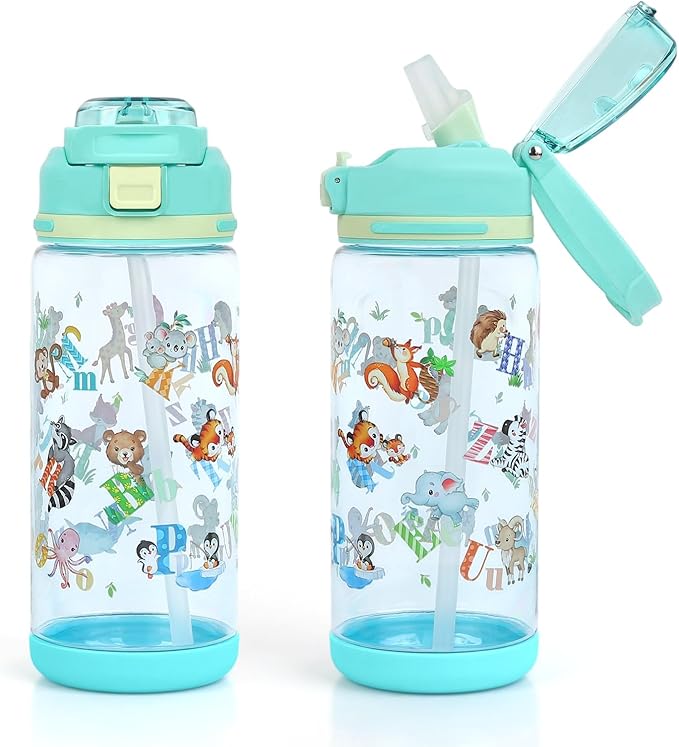decalsweet Kids Water Bottle 20oz Durable Leak-Proof Plastic Water Cup for Kids Toddlers,With Straw Handle and Pop-Up Spout Cover,Safe for School Sports Daycare Travel & Camp