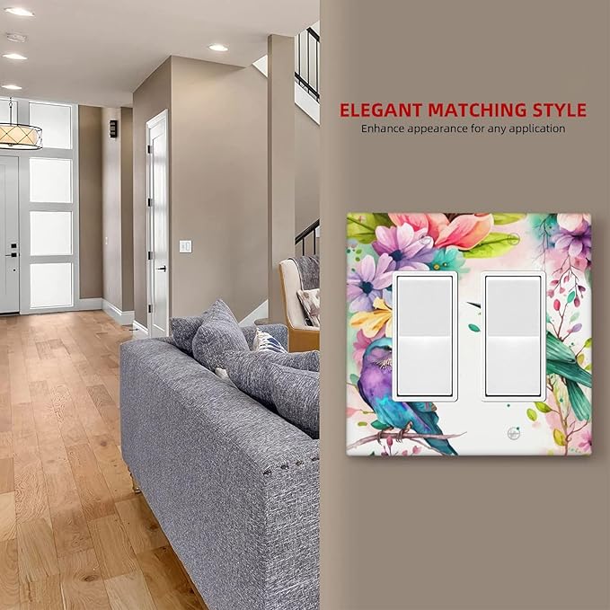 Bird Floral Flower Double Gang Rocker Decorative Light Switch Cover, 2-Gang Wall Plate Outlet Cover