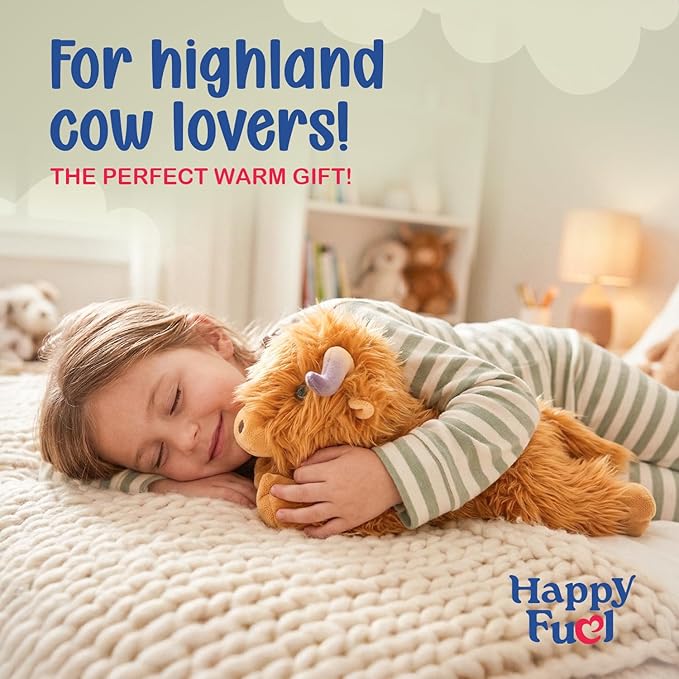 Highland Cow Microwavable Stuffed Animal – 1.5 lb Unscented Heating Pad Plush, Soft Cozy Cute Cow Toy for Relaxation and Comfort, Gift for Women, Girls, Adults & Kids by Happy Fuel