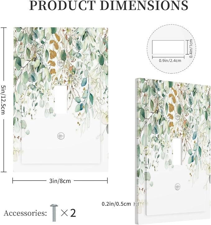 Gold Green Eucalyptus Leaves Plants Flowers Floral Decorative Light Switch Cover 1 Gang Single Toggle Device Electrical Faceplate Switchplates Decorator Outlet Wall Plate for Bedroom Living Room Decor