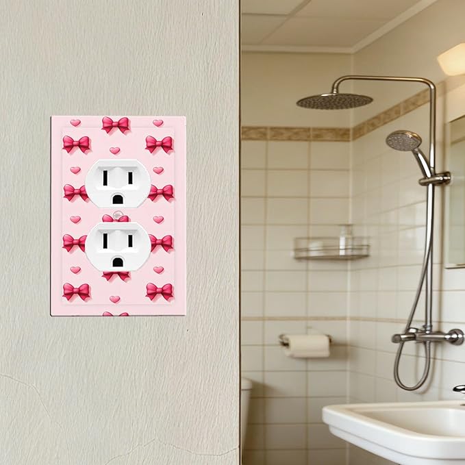 Pink Bow & Heart Duplex Wall Plate - 1-Gang Standard US Size Preppy Coquette Outlet Covers, Sweetheart Girly Pattern for Girls Room