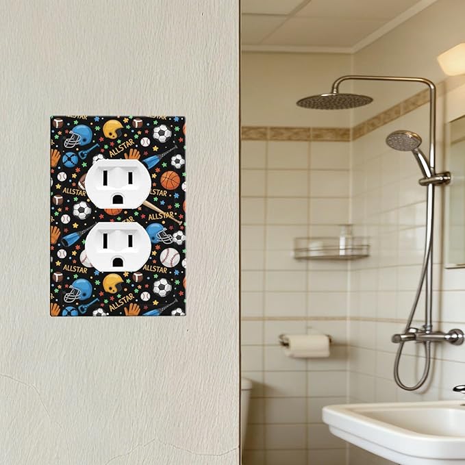 All Star Sports Duplex Wall Plate - 1-Gang Standard US Size Multi-Sport Outlet Covers, Football Baseball Basketball for Kids Room Decor