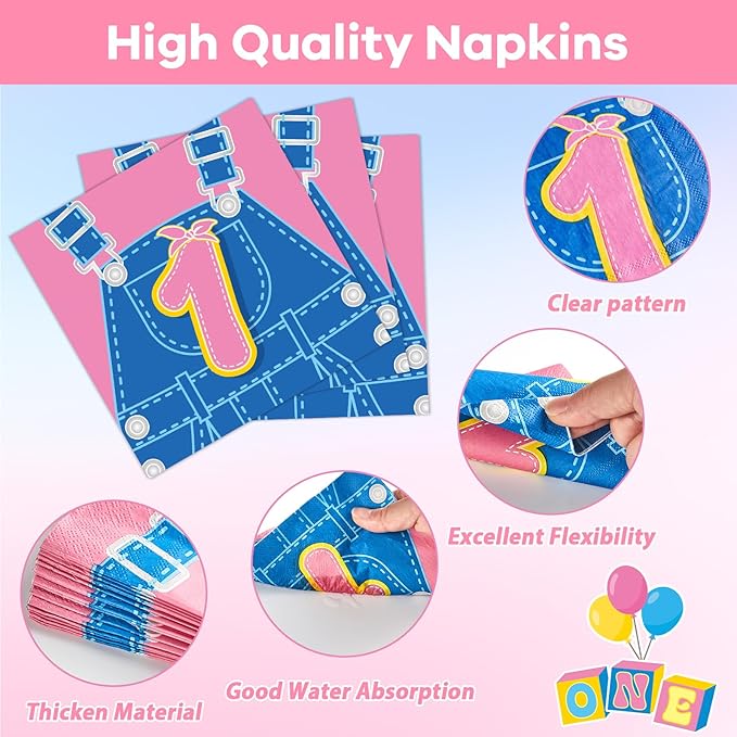 96Pcs Cartoon Girls 1st Birthday Plates and Napkins English Teacher One Year Old Decor Pink Blue Paper Dessert Cake Plates Teacher Party Tableware Set for Girls First Birthday Supply 24 Guests