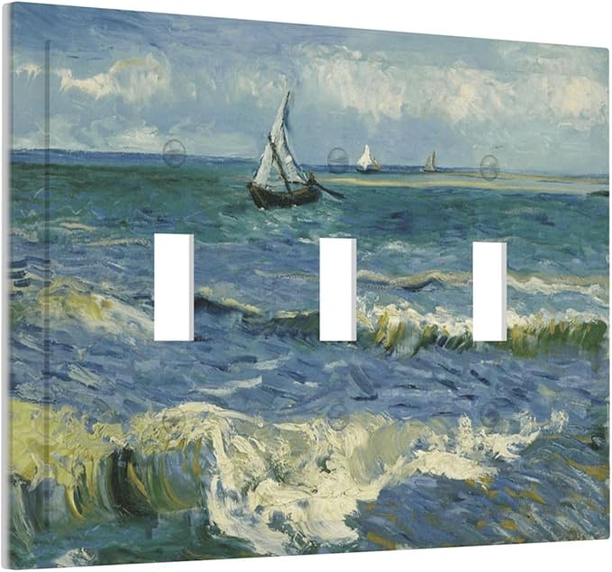Nautical Ocean Waves Sailboat Painting Blue Sky Decorative Switch Plates 3 Gang Wall Plate Triple Toggle Light Switch Cover Faceplate Electrical Wall Panels for Bathroom Bedroom Decor