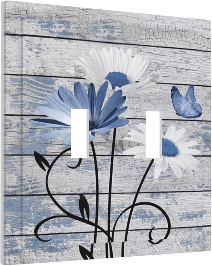 Blue White Daisy Flower Butterfly Rustic Wood Board Decorative Switch Plates 2 Gang Double Toggle Outlet Light Switch Cover Wall Plate Electrical Faceplate for Farmhouse Bedroom Decor