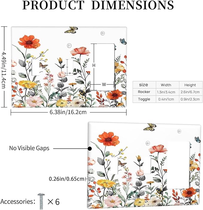 Colorful Butterfly Blossom Flower Floral 3-Gang 2-Toggle 1-GFCI/Decorator Combination Light Switch Decorative Triple Combo Device Switches/Rocker Outlet Covers and Wall Plate
