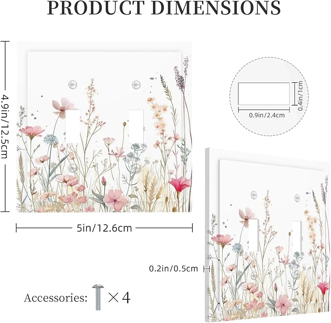 Watercolor Wildflower Pink Flower Plant Floral Decorative Switch Plates 2 Gang Double Toggle Outlet Light Switch Cover Wall Plate Electrical Faceplate for Bedroom Living Room Decor