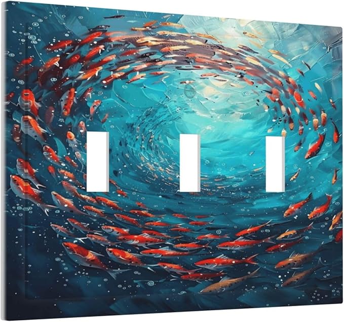 Ocean Fish School Of Fish Vortex Deep Sea Decorative Switch Plates 3 Gang Wall Plate Triple Toggle Light Switch Cover Faceplate Electrical Wall Panels for Kids Room Bedroom Decor