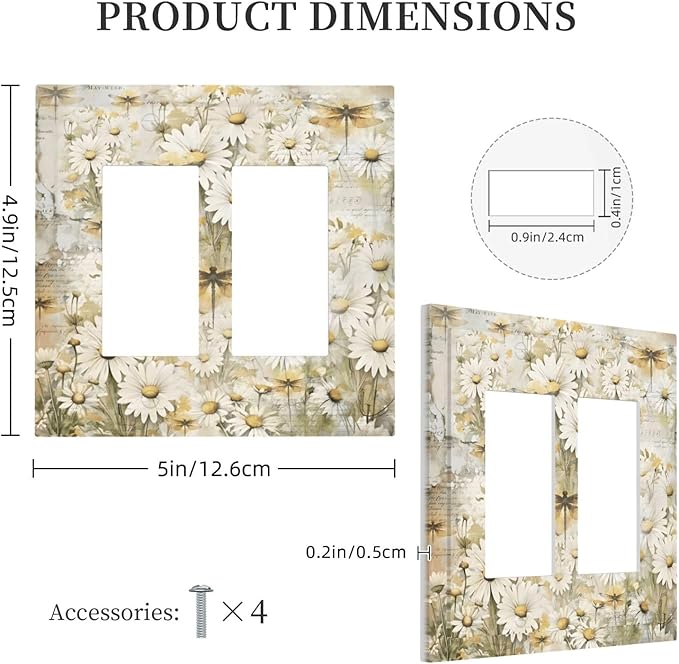 Vintage Letter Paper Wildflowers Dragonfly Daisy Floral Decorative Outlet Covers 2 Gang Double GFCI Rocker Electrical Wall Panels Light Switch Cover Plate for Farmhouse Bedroom Decor