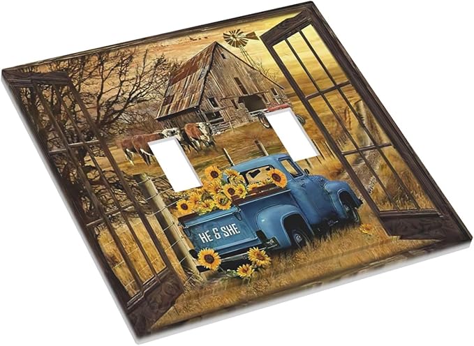 Fall Western Farmhouse Cow Double Toggle Light Switch Cover Plate Decorative Country Barn door Blue Truck 2 Gang Wall Plate Electrical Faceplate Switchplate for Bathroom Home Living Room Decor