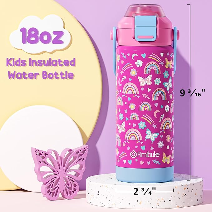 Fimibuke Kids Insulated Water Bottle with Pop-Open Straw & Spout 2-in-1 Lid, 18oz Leak Proof 18/8 Stainless Steel Vacuum Tumbler, BPA-Free Kids Cup For Travel School Boys Girls Toddler 2Packs Macaron