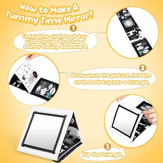 URMYWO Tummy Time Mirror Toys, Visual Stimulation Learning Cards, High Contrast Black and White Baby Toys for Newborn, Soft Baby Book for Infant 0-12 Months, Baby Boy Girl Shower Gift