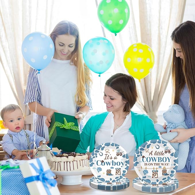 OBUSATT 96 Pcs Western Cowboy Baby Shower Paper Plates and Napkins Party Supplies Western Birthday Tableware Set A Little Cowboy is on the Way Party Decorations Favors for Boys Baby Shower Serves 24