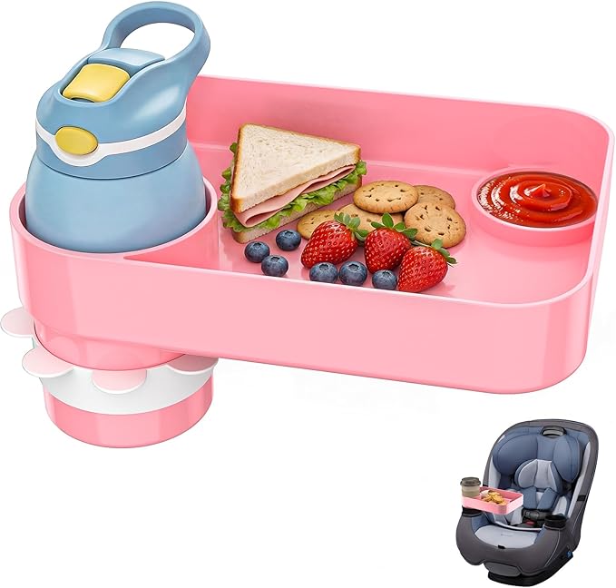 Kids Car Seat Tray, Travel Tray with Cup Holder for Toddler Baby, Kids Car Seat Food Snack Organizer for Road Trip, Stroller Snack Organizer Travel Must Haves Toddler Must Haves (Pink, 1 Pack)