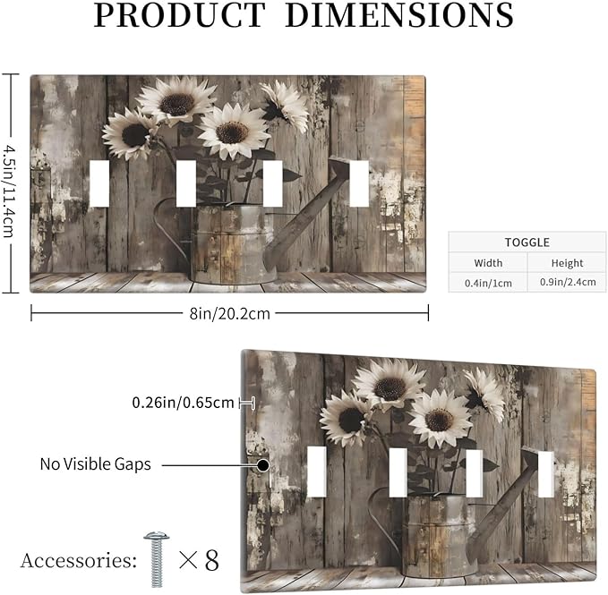 Rustic Floral Country Sunflower Daisy Old Wooden Boards Light Switch Covers Quad Toggle Electrical Faceplate 4 Gang Wall Plate Decorative Switch Plates Cover for Farmhouse Home Decor