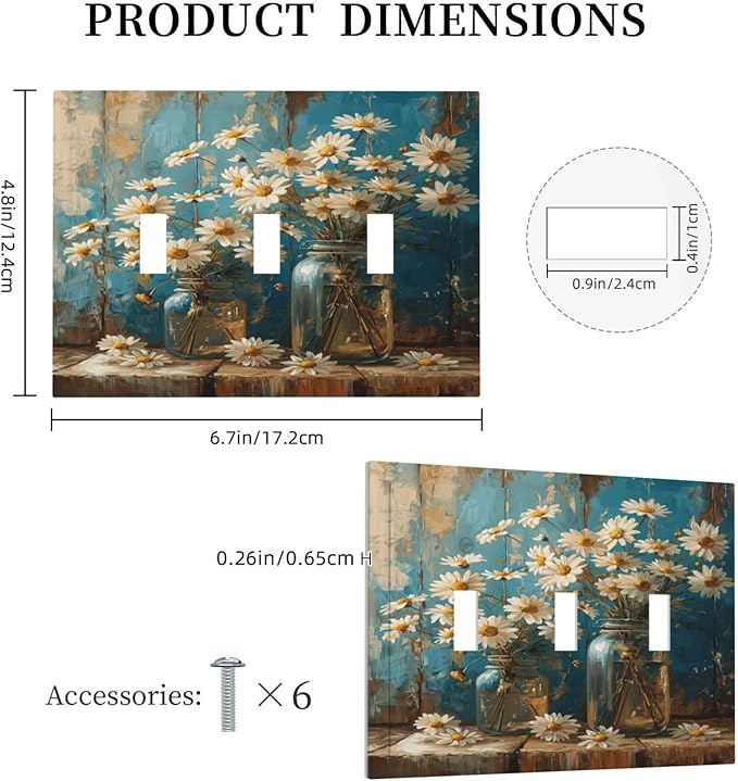 Delicate White Daisy Jars Retro Wood Background Decorative Switch Plates 3 Gang Wall Plate Triple Toggle Light Switch Cover Faceplate Electrical Wall Panels for Farmhouse Home Decor