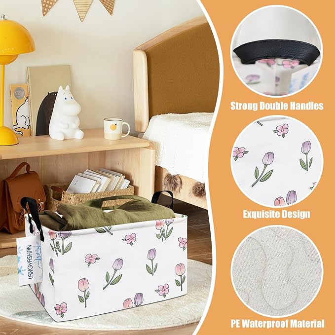 LANGYASHAN Rectangular Storage Bin Collapse Canvas Fabric Cartoon Storage Basket with Handles for Organizing Home Kitchen Boys and Girls Toys Office Closet Shelf Baskets (Rec Romantic Tulip)
