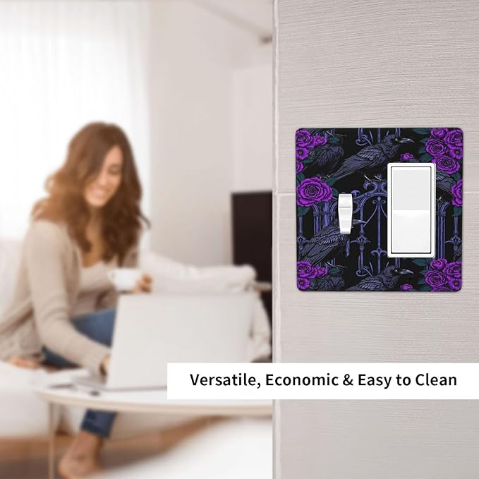 Outlet Covers Gothic Style Crow Purple Flowers 1 Toggle 1 Rocker Combination Decorative Wall Plate Light Switch Cover Plate Electrical Switch Plates for Bedroom living Room Decor