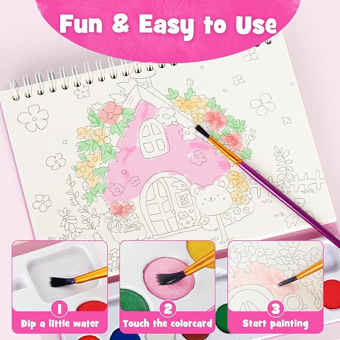 JCREN Paint with Water Books for Kids, Watercolor Coloring Book Mess Free Watercolor Painting Set, Arts and Crafts Water Color Paint Kit Birthday Gifts for Kids Toddlers 3-5 Boys Girls(House)