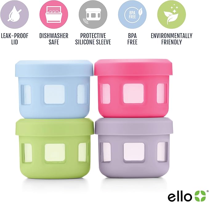 Ello Reusable Condiment Containers 4oz each with Screw-on Leak Proof Lid | Perfect for Salad Dressing Sauce Dips Lunchbox Picnic Travel Bento Box | BPA-Free | Dishwasher Safe