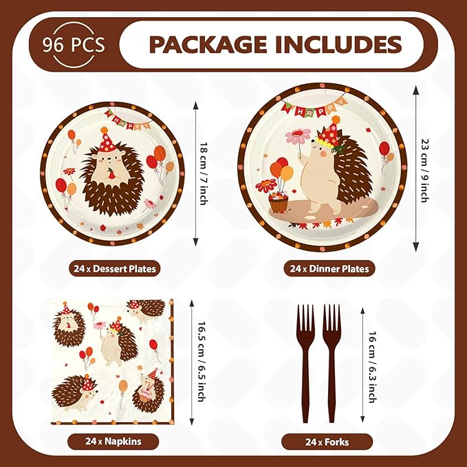 96Pcs Hedgehog Birthday Party Supplies Forest Hedgehogs Woodland Plates and Napkins Cartoon Forest Animal Themed Tableware Set for Kids Boys Girls Birthday Party Supplies，Serves 24