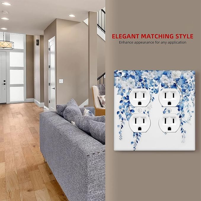 Blue Eucalyptus Leaves Floral Vine Flower Outlet Covers 2 Gang Double Duplex Decorative Light Switch Covers Electrical Wallplates Socket Faceplate for Bedroom Living Room Decor