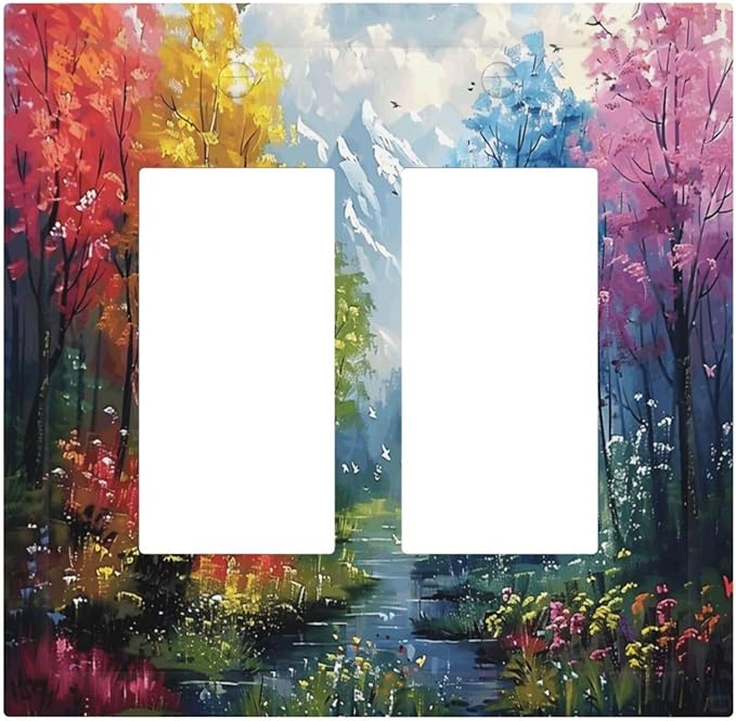 Colorful Forest Snow Mountain River Oil Painting Style Decorative Outlet Covers 2 Gang Double GFCI Rocker Electrical Wall Panels Light Switch Cover Plate for Bedroom Living Room Decor