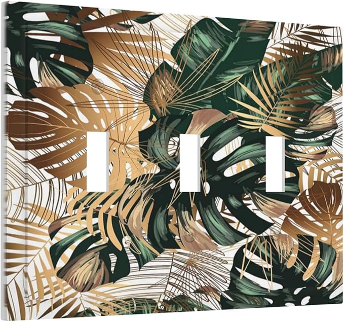 Green Tropical Leaves Gold Palm Leaf Botanical 3 Gang Light Switch Covers Decorative Unique Triple Toggle Wall Plate Electrical Faceplate Switchplate for Kitchen Bathroom Bedroom Home Decor