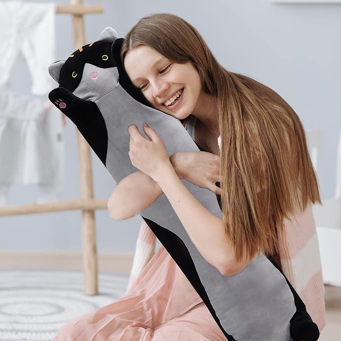 shangman Lovely Plush Cat Doll - Cute Cartoon Soft Stuffed Kitten Pillow, Long Throw Sleeping Pillow, Valentine’s Day Gift for Kids & Girlfriend (Black, 150cm/59in)