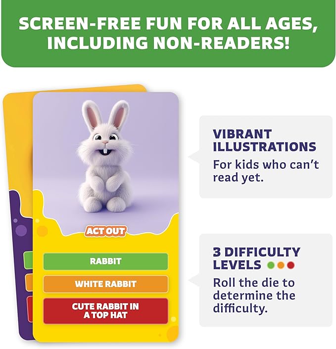 Clever Fox Play Epic Charades Game for Kids Ages 6+ – 200 Act Out & Explain Cards with Illustrations & Timer – Fun Educational Games for Kids 8-12 for Family, Party, Classroom & Travel