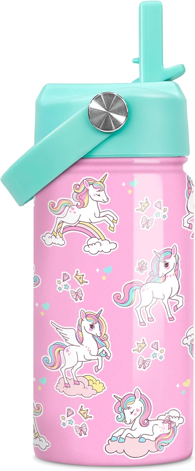 Unicorn Water Bottle - Kids Water Bottle with Straw Lid - 12 Oz Insulated Stainless Steel Water Bottles for Kid Girls - Travel Cup for School Sports