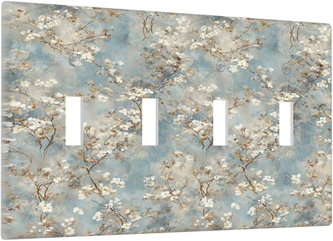 Decorative Light Switch Cover Plate Rustic Blue White Plum Blossom Flower 4 Gang Wall Plates for Electrical Quad Toggle Switch Plate Covers Outlet Covers Faceplate for Bedroom Decor
