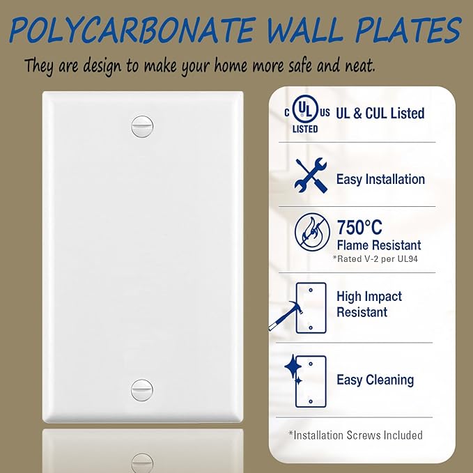 12-Pack,No Device Blank Wall plate,Standard Size 1-Gang 4.50" x 2.76",Unbreakable Polycarbonate Thermoplastic,Blank Box Mounted Plastic Wall plate,UL Listed,Glossy White