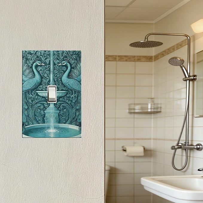 Art Nouveau Peacocks & Fountain Teal 1-Gang Toggle Light Switch Plate, Peacock Garden Decorative Wall Plate for Living Room Decor