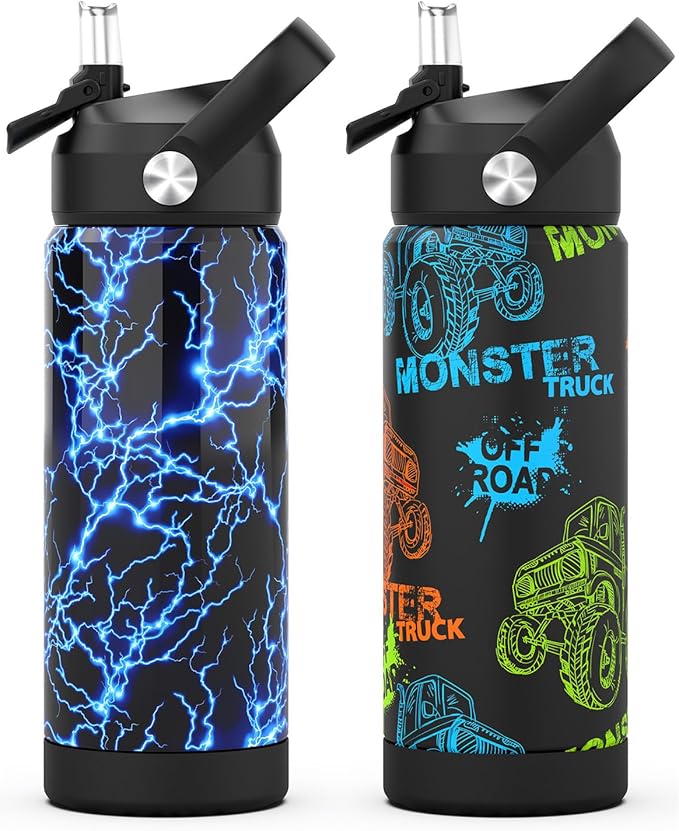 Boys Water Bottle with Straw,18 oz Kids Insulated Cups with Stainless Steel Leak Proof for School,Sport&Travel（2pack，Lightning+Monster Trucks）