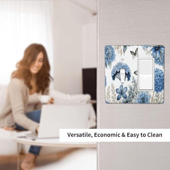 Blue Floral Hydrangea Floral Butterfly Flower Plant Outlet Covers 1 Toggle 1 Rocker Combination Decorative Wall Plate Electrical Switch Plates Light Switch Cover Plate for Bedroom Living Room Decor