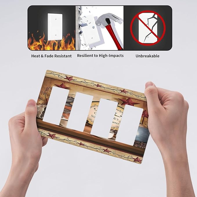 Kitchen Western Cabin Coffee Beans 4 Gang Screwless Quad Decorator Wall Plate Country Lodge Life Cafe Electrical Quadruple Device Rocker/Gfci Dimmer Receptacle Outlet Light Switch Cover Face Plate