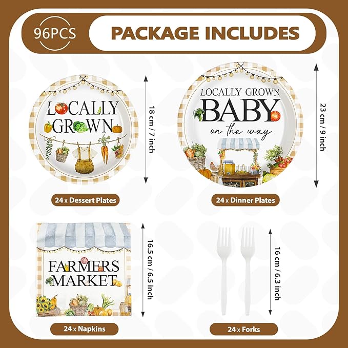 Grencian 96Pcs Locally Grown Baby Shower Decorations Farmers Market Party Plates and Napkins Vegetable Theme Disposable Tableware for Food Market Party Baby Shower Decorations Serves 24
