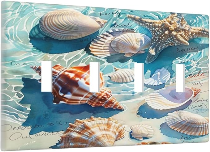 Light Switch Covers Ocean Waves Starfish Conch Scallop Shell Quad Toggle Electrical Faceplate 4 Gang Wall Plate Decorative Switch Plates For Kids Room Nursery Decor