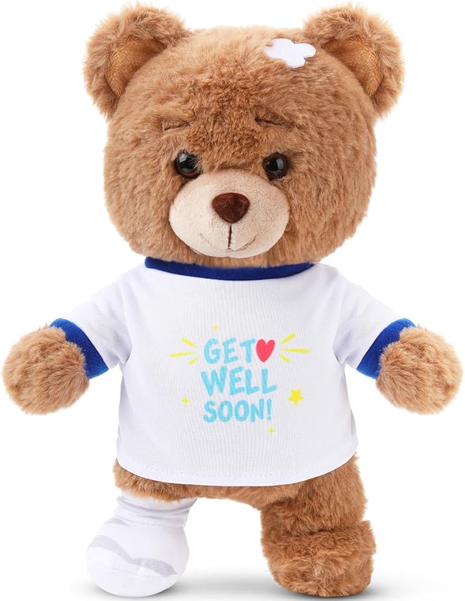 Deekin Get Well Soon Gifts for Kids Injured Recovery Bear Stuffed Animal Gifts Bear for Kids Adult with Broken Arm After Surgery Soft Bandage Plush 10 Inches(Brown,Leg Injury)