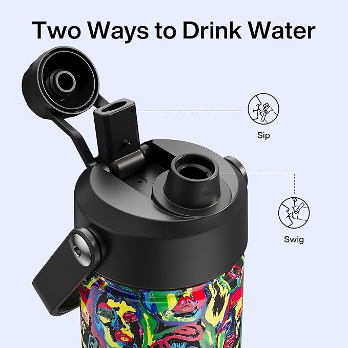 ENCOOL Insulated Water Bottle with Straw Stainless Steel Water Bottle, Leak-Proof, BPA-Free, Double Wall Vacuum Keeps Cold for 24 Hours for Sports, Travel, School (26 oz, Mood Faces)