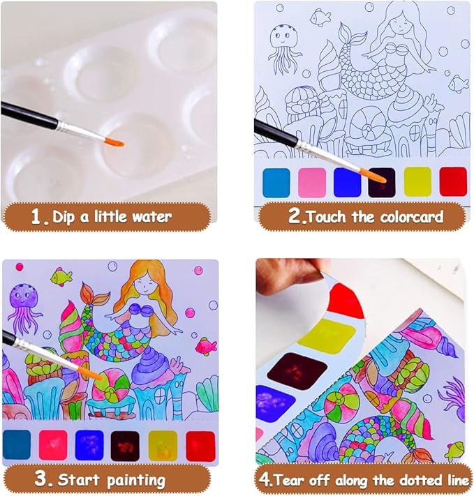 JUNQIU Watercolor Coloring Books for Kids Ages 4-8, Pocket Watercolor Painting Book for Toddlers, Arts and Crafts for Girls Gifts, Stocking Stuffers For Kids